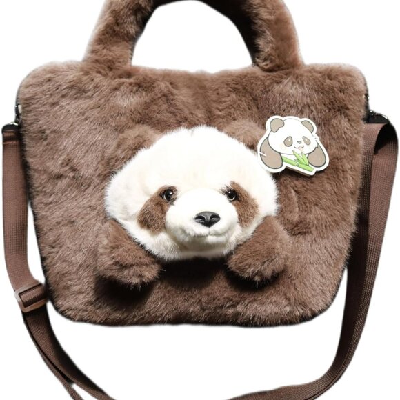 Girls' Brown Panda Plush Crossbody Bag Small Size Furry Purse with Magnetic Clos
